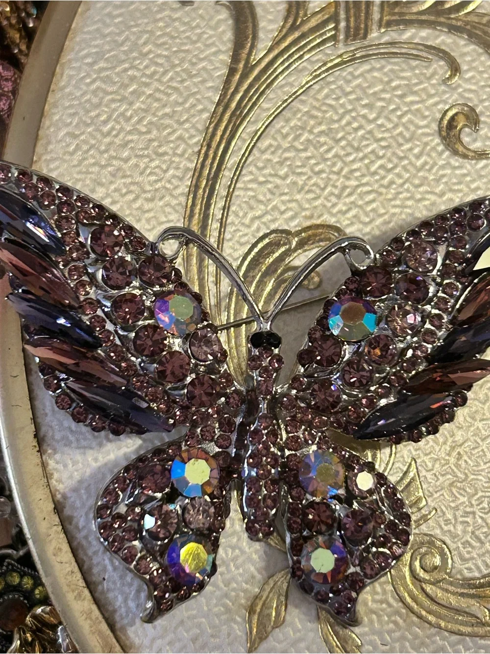 Large Purple Crystal Butterfly Brooch silver tone Unbranded AB accents
